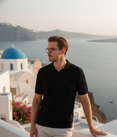 Ribbed Knit Polo – Black