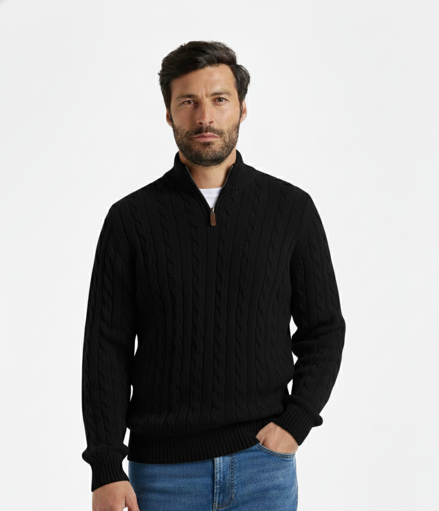 Verbier Heritage Cable Knit Zip Sweater - Black
