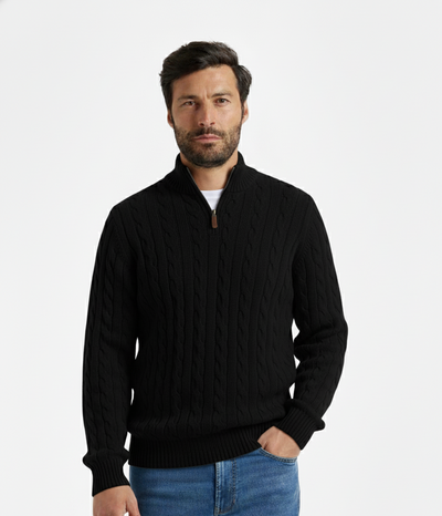 Verbier Heritage Cable Knit Zip Sweater - Black