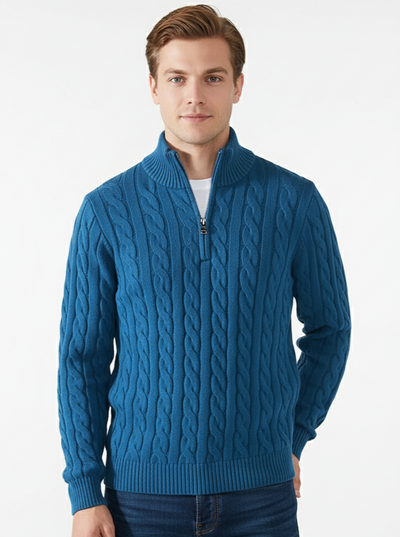 Verbier Heritage Cable Knit Zip Sweater - Light Blue