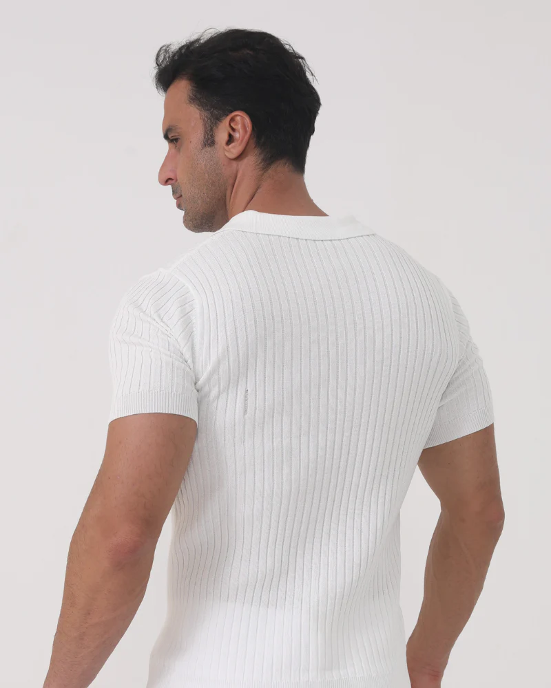Ribbed Polo Tee – White