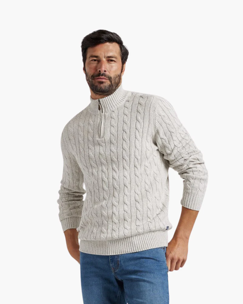 Verbier Heritage Cable Knit Zip Sweater – Light Grey