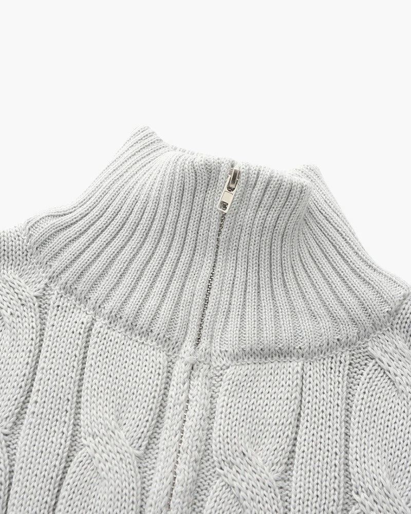 Verbier Heritage Cable Knit Zip Sweater – Light Grey