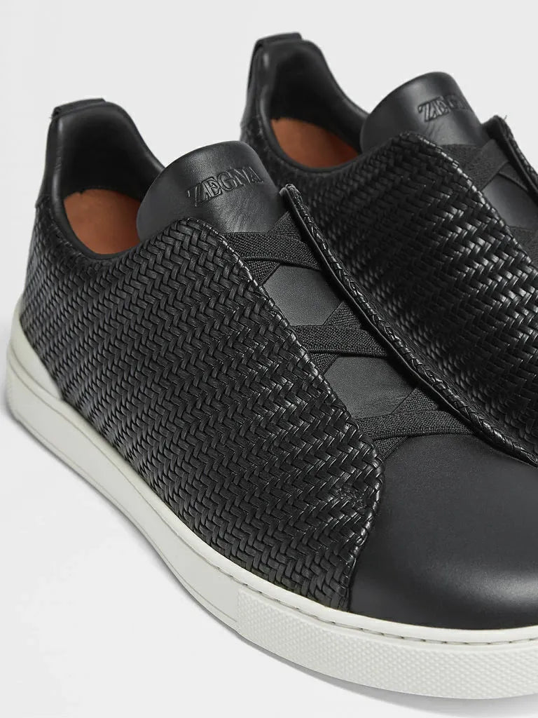 ZGN Triple Stitch Woven Leather Sneakers – Black