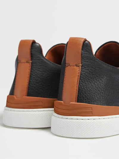 ZGN Triple Stitch Leather Sneakers – Navy/Brown
