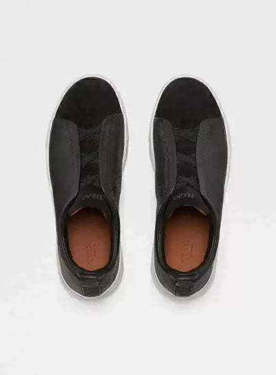 ZGN Triple Stitch Black Leather Suede Sneakers – White Sole