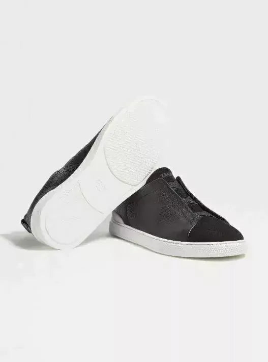 ZGN Triple Stitch Black Leather Suede Sneakers – White Sole
