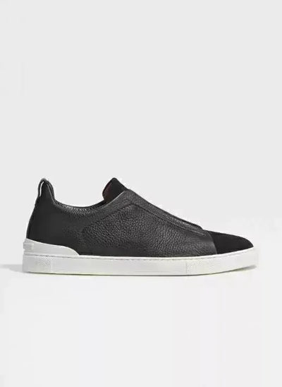 ZGN Triple Stitch Black Leather Suede Sneakers – White Sole