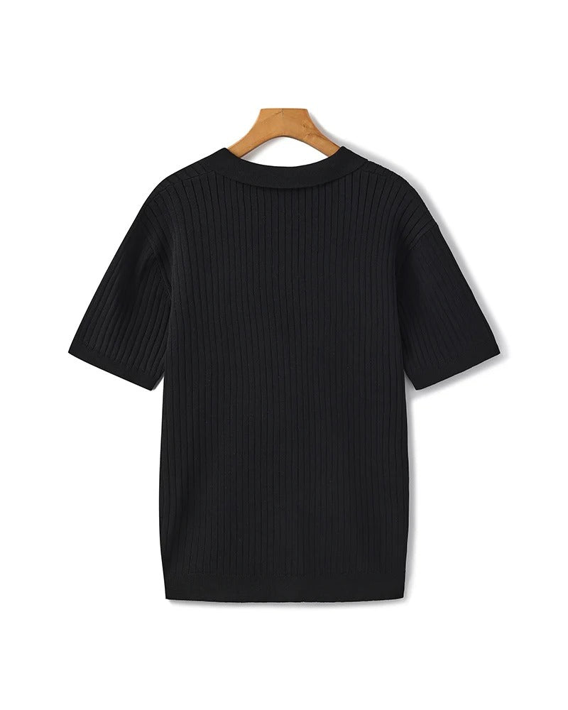Ribbed Knit Polo – Black
