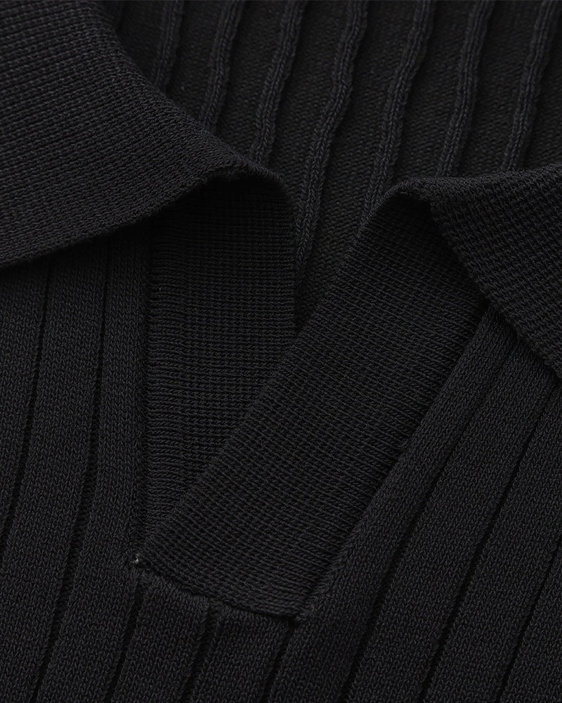 Ribbed Knit Polo – Black