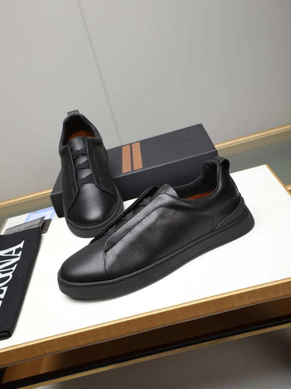ZGN Triple Stitch Black Leather Sneakers