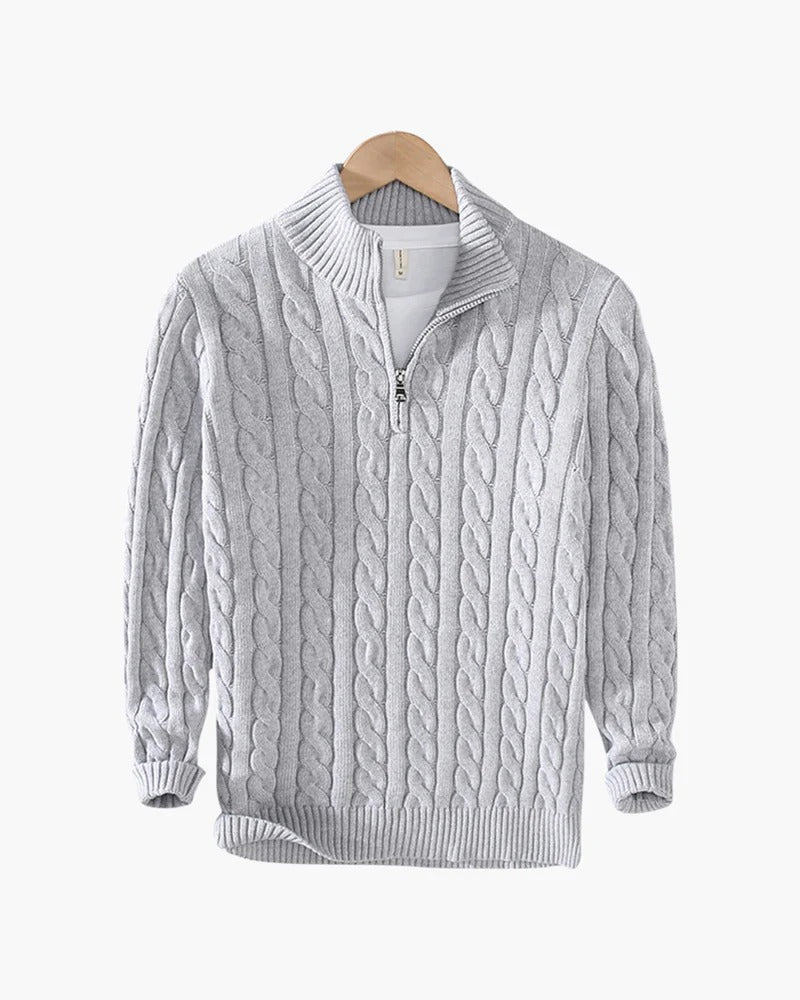 Verbier Heritage Cable Knit Zip Sweater – Light Grey