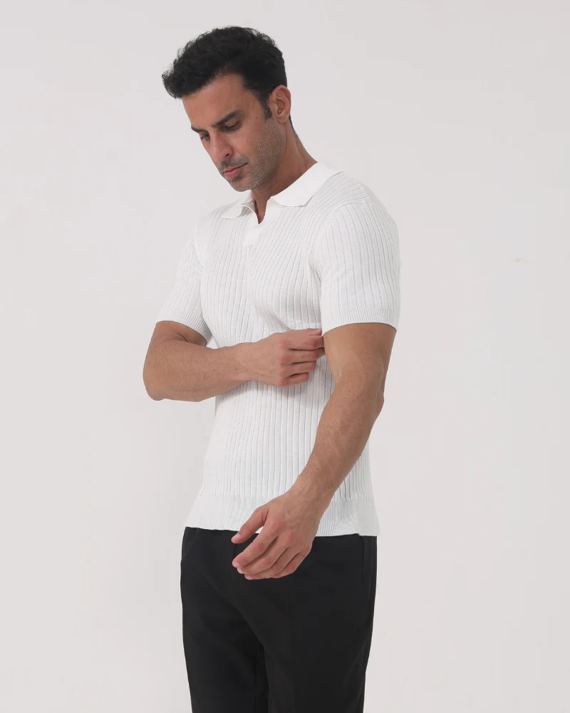 Ribbed Polo Tee – White