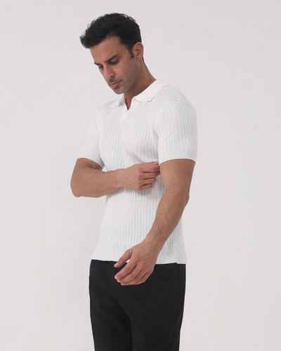 Ribbed Polo Tee – White