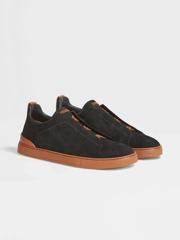ZGN Triple Stitch Suede Leather Sneakers – Black/Brown