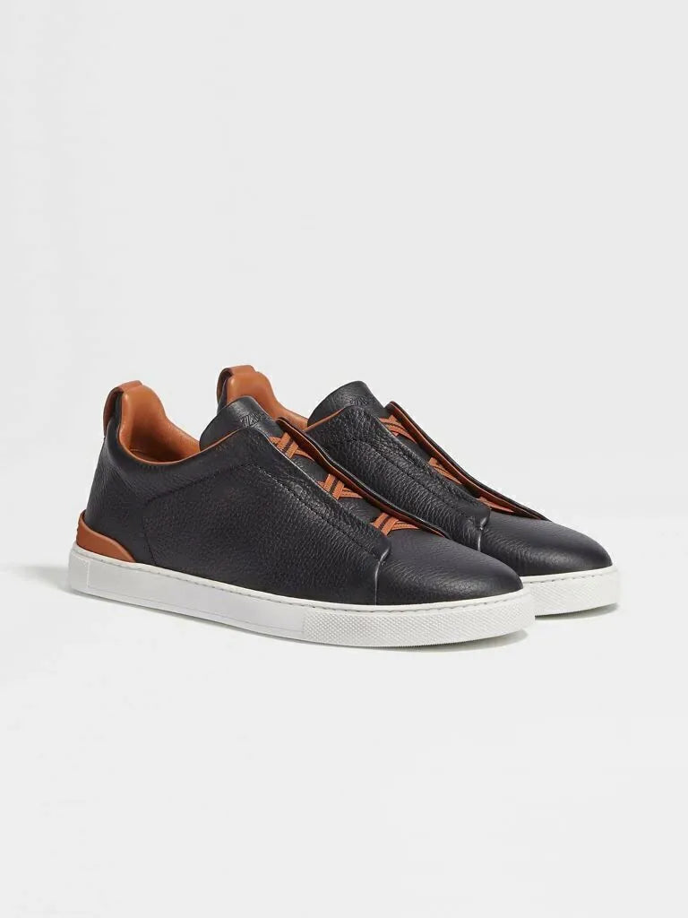 ZGN Triple Stitch Leather Sneakers – Navy/Brown