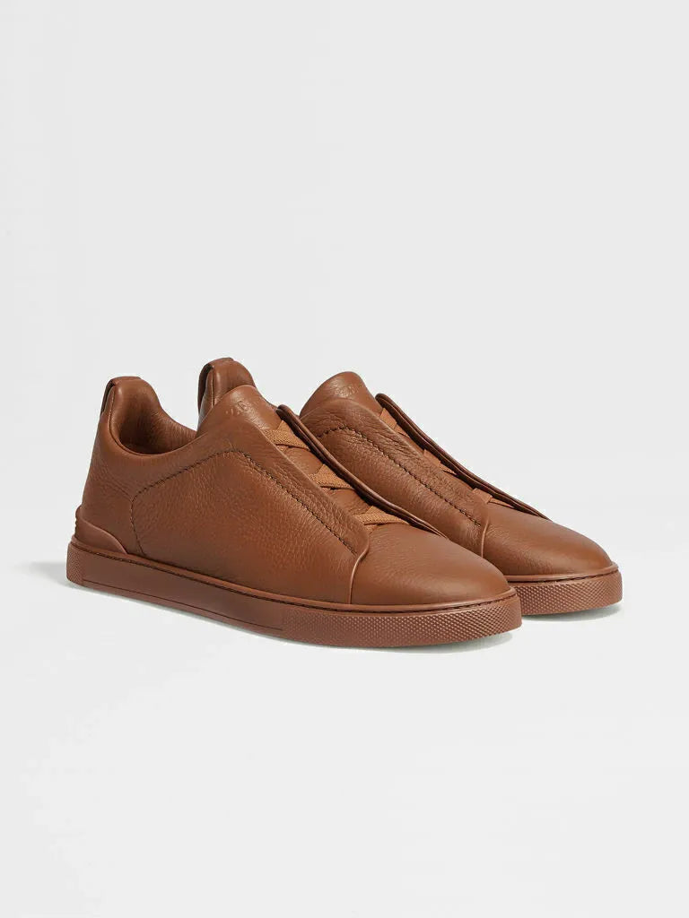 ZGN Triple Stitch Grained Leather Sneakers – Brown